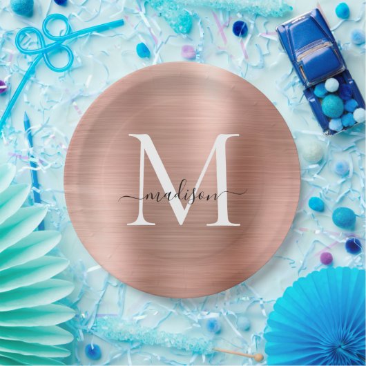 ピンクローズ金ゴールドモノグラムスクリプトグラムメタリック鋼 ペーパープレート (パーティー)