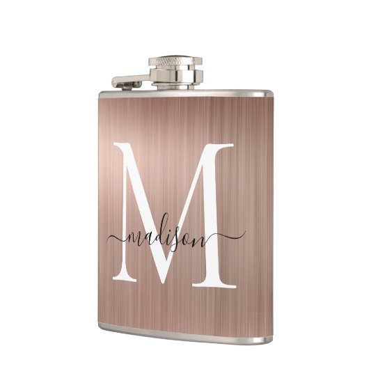 ピンクローズ金ゴールドモノグラムスクリプトブラッシュスチールメタル フラスク (左)