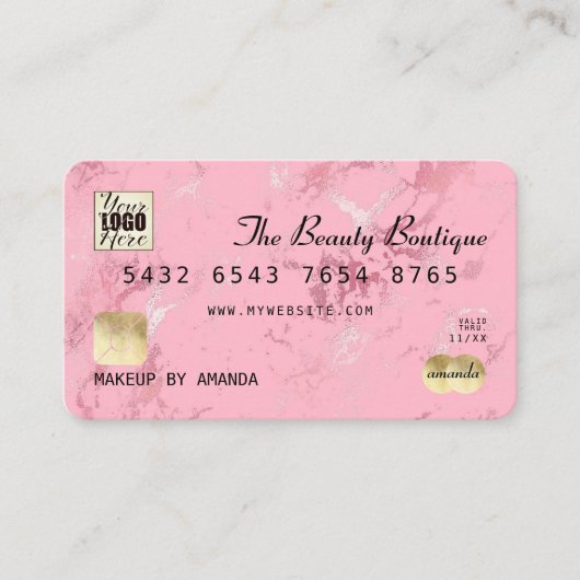 ピンクローズ金ゴールドラグジュアリーマーブルクレジットカードロゴ 名刺 (正面)