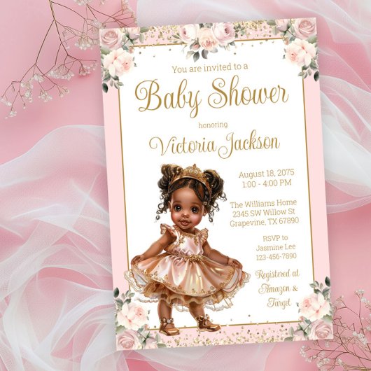 ピンクローズ金ゴールドリトルプリンセスベビーシャワー 招待状