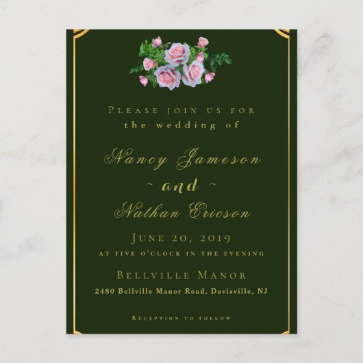 ピンクローズ金ゴールドレタリング結婚式招待状 ポストカード (正面)