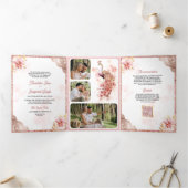 ピンクローズ金ゴールドレースフローラインディアンピーコッ結婚クス 三つ折り招待状 (内部)