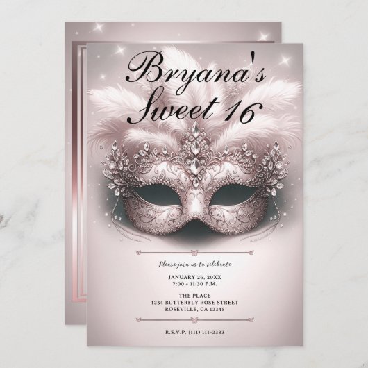 ピンクローズ金ゴールド仮装スイーツ16フォト誕生日 招待状 (正面/裏面)