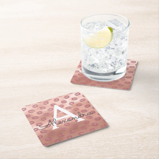 ピンクローズ金ゴールド口紅キスモノグラム誕生日 スクエアペーパーコースター (インサイチュ)