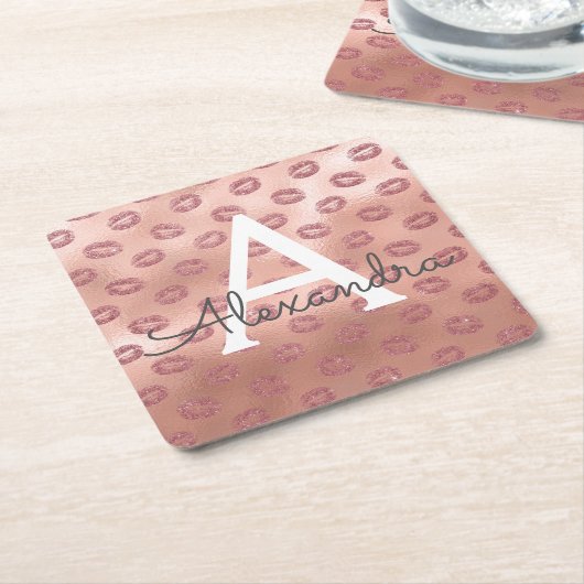 ピンクローズ金ゴールド口紅キスモノグラム誕生日 スクエアペーパーコースター (アングル)