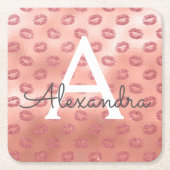 ピンクローズ金ゴールド口紅キスモノグラム誕生日 スクエアペーパーコースター (正面)