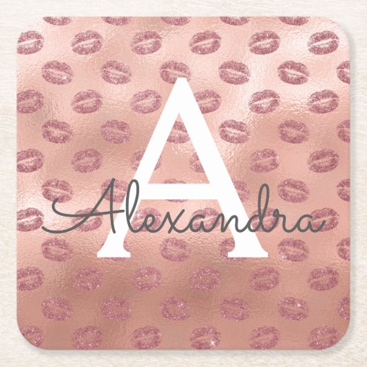 ピンクローズ金ゴールド口紅キスモノグラム誕生日 スクエアペーパーコースター (正面)