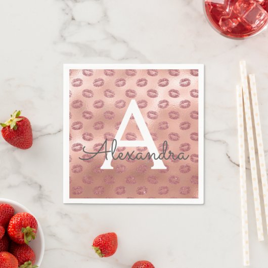 ピンクローズ金ゴールド口紅キスモノグラム誕生日 スタンダードカクテルナプキン (インサイチュ)