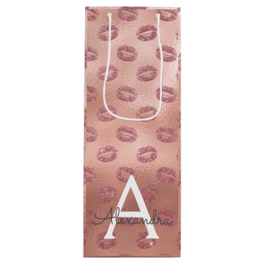 ピンクローズ金ゴールド口紅キスモノグラム誕生日 ワインギフトバッグ (正面)