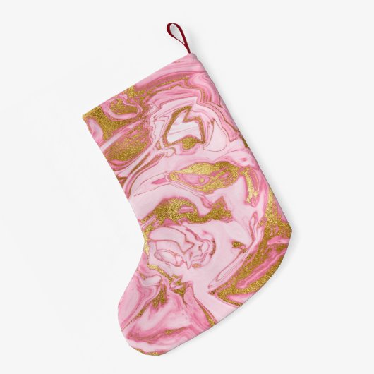ピンクローズ金ゴールド大理石グリッターとスパークルモノグラム スモールクリスマスストッキング (裏面 (吊り時))