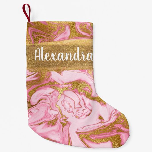 ピンクローズ金ゴールド大理石グリッターとスパークルモノグラム スモールクリスマスストッキング (正面)