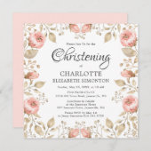 ピンクローズ金ゴールド植物学《キリスト教》洗礼式や命名式 招待状 (正面/裏面)