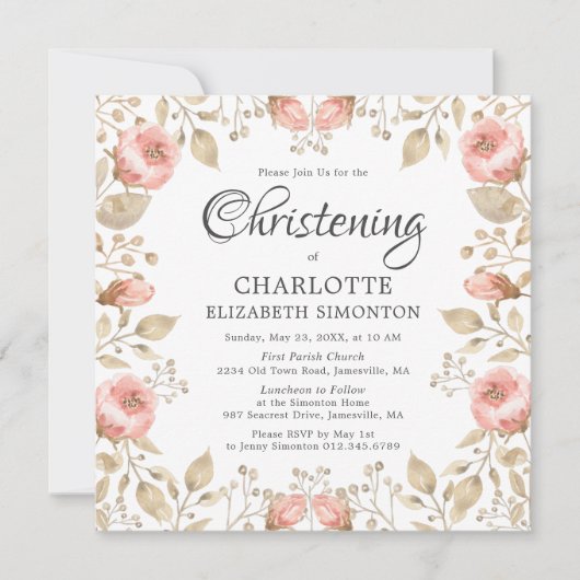 ピンクローズ金ゴールド植物学《キリスト教》洗礼式や命名式 招待状 (正面)