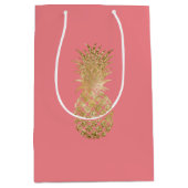 ピンクローズ金ゴールド熱帯グリッターパイナップル ミディアムペーパーバッグ (正面)