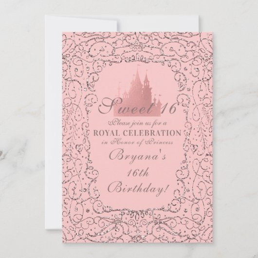 ピンクローズ金ゴールド王室のキャッスルプリンセススウィート16 招待状 (正面)