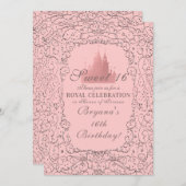 ピンクローズ金ゴールド王室のキャッスルプリンセススウィート16 招待状 (正面/裏面)