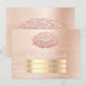 ピンクローズ金ゴールド紙吹雪スキンメイクアップリップギフトカード (正面/裏面)