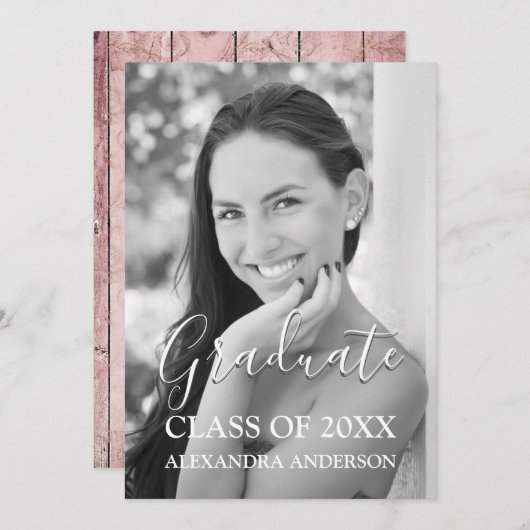 ピンクローズ金ゴールド素朴ウッド卒業パーティー 招待状 (正面/裏面)