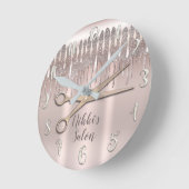 ピンクローズ金ゴールド美容師ダイヤモンドグリッタードリップ ラウンド壁時計 (傾斜)