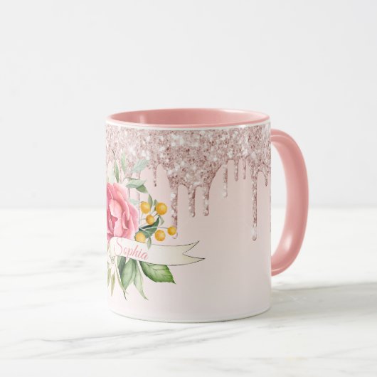 ピンクローズ金ゴールド花模様ヴィンテージモノグラム名 マグカップ (正面右)