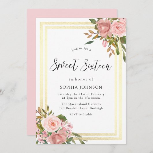 ピンクローズ金ゴールド花金ゴールドSweet sixteen 招待状 (正面/裏面)