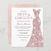 ピンクローズ金ゴールド赤面ドレス50th誕生日招待状 (正面/裏面)