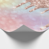 ピンクローズ金ゴールド赤面ユニコーンホログラフドリップグリッター ラッピングペーパー (角)