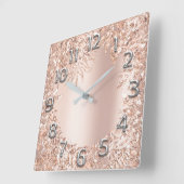 ピンクローズ金ゴールド金属フローラグリッター赤面 ガーリー スクエア壁時計 (傾斜)