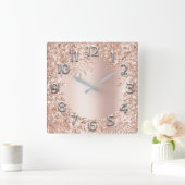 ピンクローズ金ゴールド金属フローラグリッター赤面 ガーリー スクエア壁時計 (ホーム)