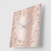 ピンクローズ金ゴールド金属フローラグリッター赤面 ガーリー スクエア壁時計 (傾斜)