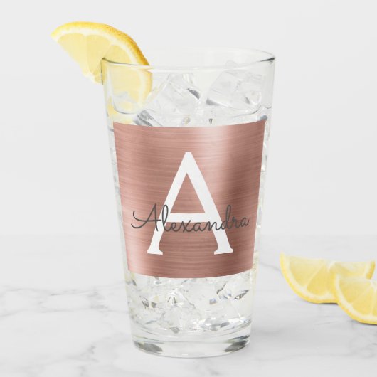 ピンクローズ金ゴールド金属箔モノグラム結婚ズ タンブラーグラス (アイス正面)