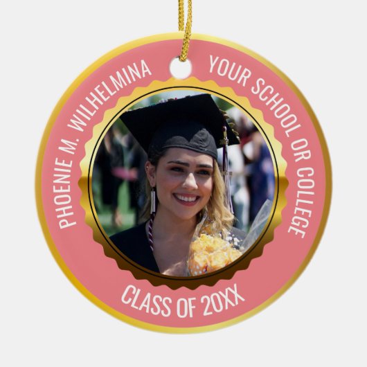 ピンクローズ金ゴールド2022年写真卒業クラス セラミックオーナメント (正面)