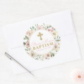 ピンクローズ開花ガールバプテスマメッセージカードシール ラウンドシール (封筒)