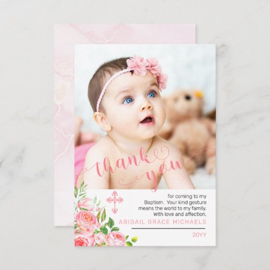 ピンクローズ開花バプテスマ写真感謝 サンキューカード (正面/裏面)