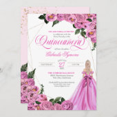 ピンクローズ |ゴールデンティアラ&ボールガウンキンセニェラ 招待状 (正面/裏面)
