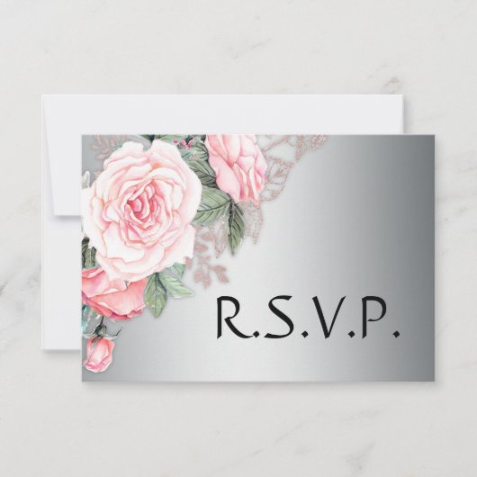 ピンクローズ&シルバーウェディングRSVP 出欠カード (正面)
