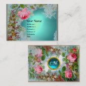 ピンクローズ&ジャスミンモノグラムジェムストーンティール（緑がかった色）ブルー 名刺 (正面/裏面)