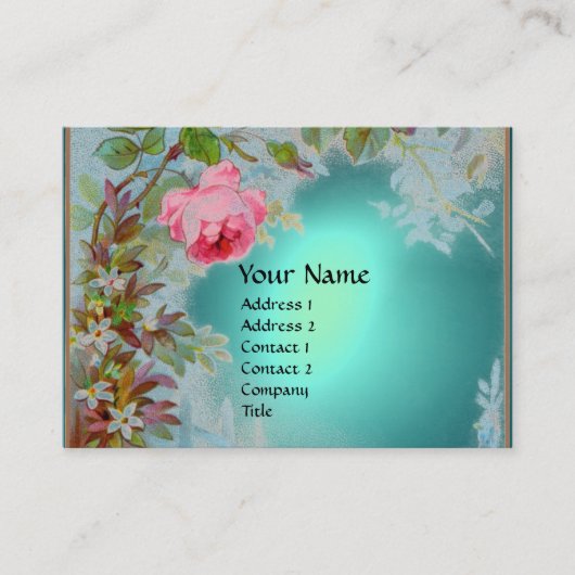 ピンクローズ&ジャスミンモノグラムジェムストーンティール(緑がかった色)ブルー 名刺 (正面)