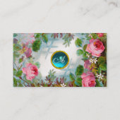 ピンクローズ&ジャスミンモノグラムジェムストーンティール(緑がかった色)ブルー 名刺 (裏面)