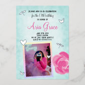 ピンクローズ、ターコイズ、シルバーチャーム誕生日パーティー 箔招待状 (正面)