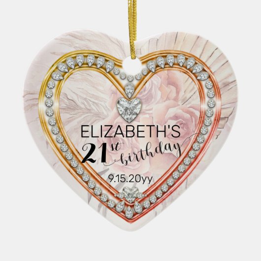 ピンクローズ |ダイヤモンド21の誕生日の記念日または名前 セラミックオーナメント (正面)