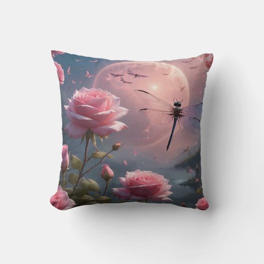 ピンクローズ&ドラゴンフライ クッション (正面)