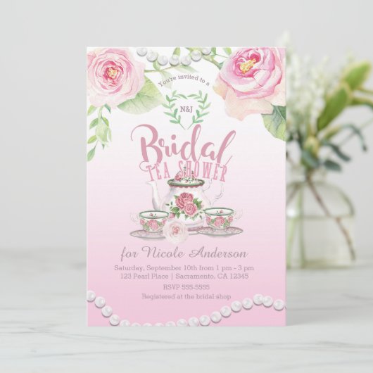 ピンクローズ&パールエレガントブライダルティーシャワー 招待状 (スタンド正面)