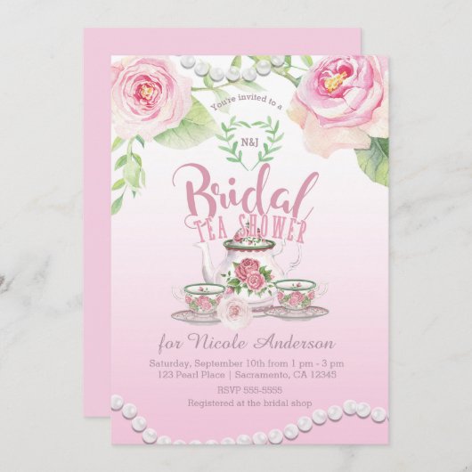 ピンクローズ&パールエレガントブライダルティーシャワー 招待状 (正面/裏面)