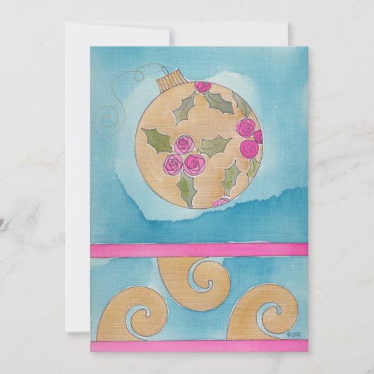 ピンクローズ&ホリーオーナメント – フラットクリスマスカード 案内状 (正面)