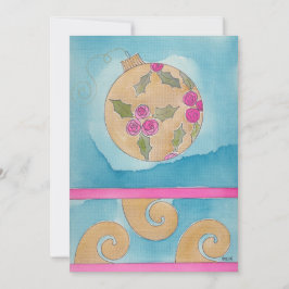 ピンクローズ&ホリーオーナメント – フラットクリスマスカード 案内状