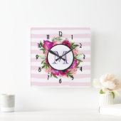 ピンクローズ&ポッピーフローラブーケモノグラム スクエア壁時計 (ホーム)