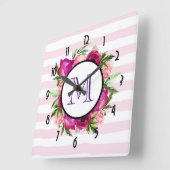 ピンクローズ&ポッピーフローラブーケモノグラム スクエア壁時計 (傾斜)
