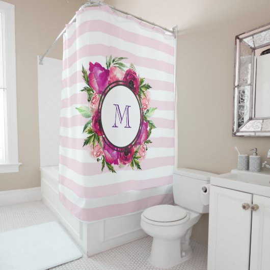 ピンクローズ&ポピーフローラブーケオンピンクストライプ色 シャワーカーテン (インサイチュ)