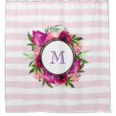 ピンクローズ&ポピーフローラブーケオンピンクストライプ色 シャワーカーテン (正面)